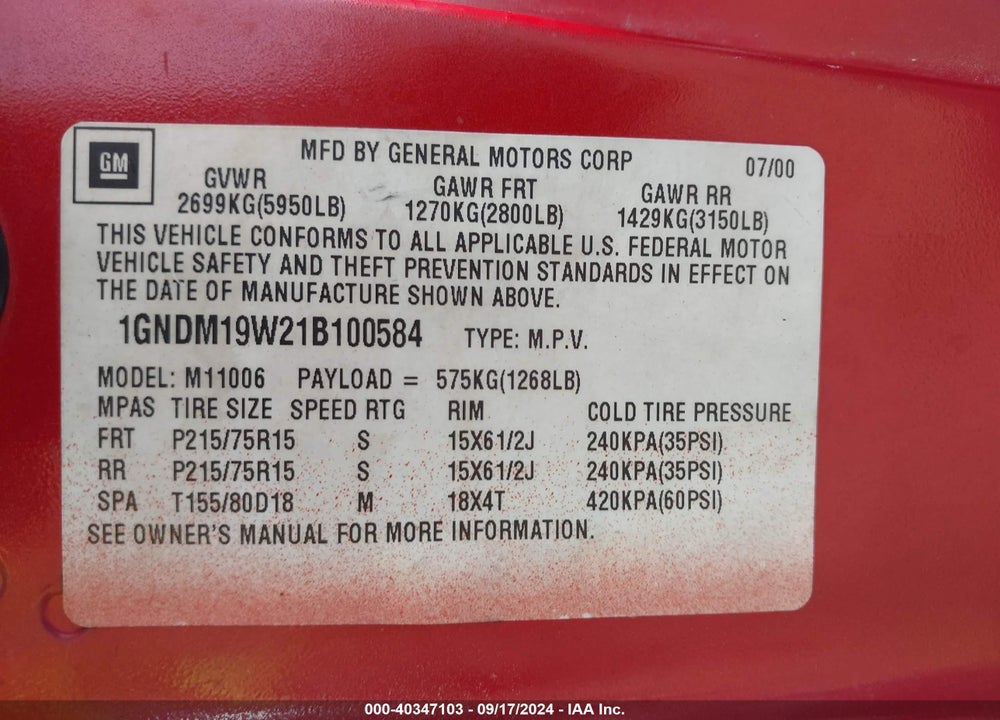 2001 CHEVROLET ASTRO LS VIN: 1GNDM19W21B100584