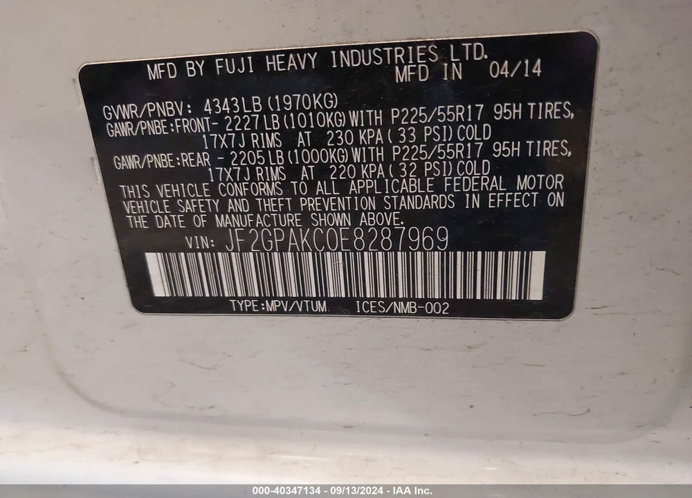 2014 SUBARU XV CROSSTREK 2.0I LIMITED VIN: JF2GPAKC0E8287969