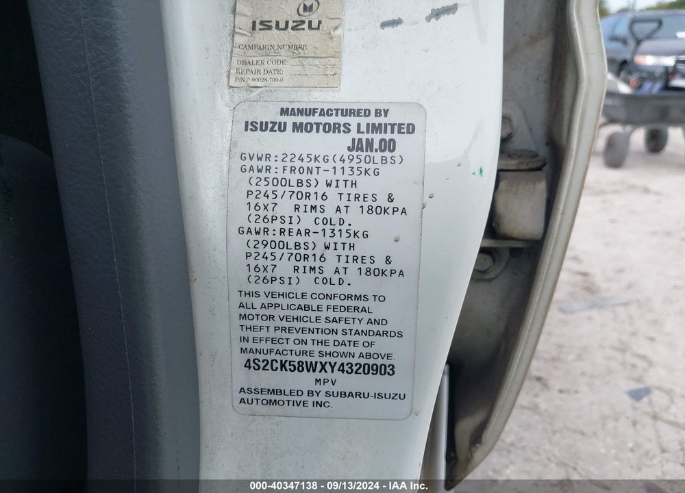 2000 ISUZU RODEO LS/LSE/S 3.2L VIN: 4S2CK58WXY4320903