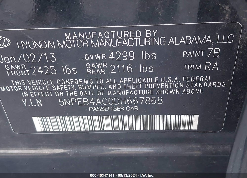 2013 HYUNDAI SONATA GLS VIN: 5NPEB4AC0DH667868