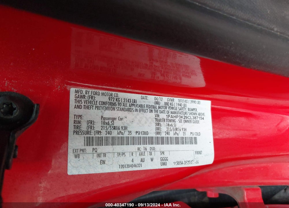 2012 FORD FOCUS SE VIN: 1FAHP3K29CL387154