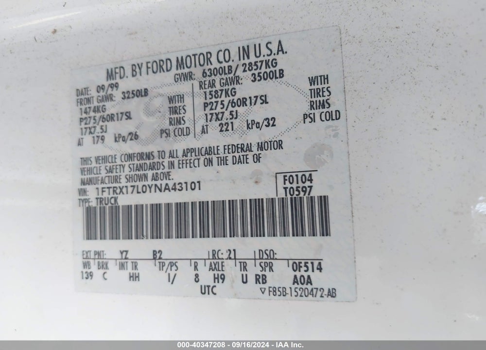 2000 FORD F-150 LARIAT/WORK SERIES/XL/XLT VIN: 1FTRX17L0YNA43101