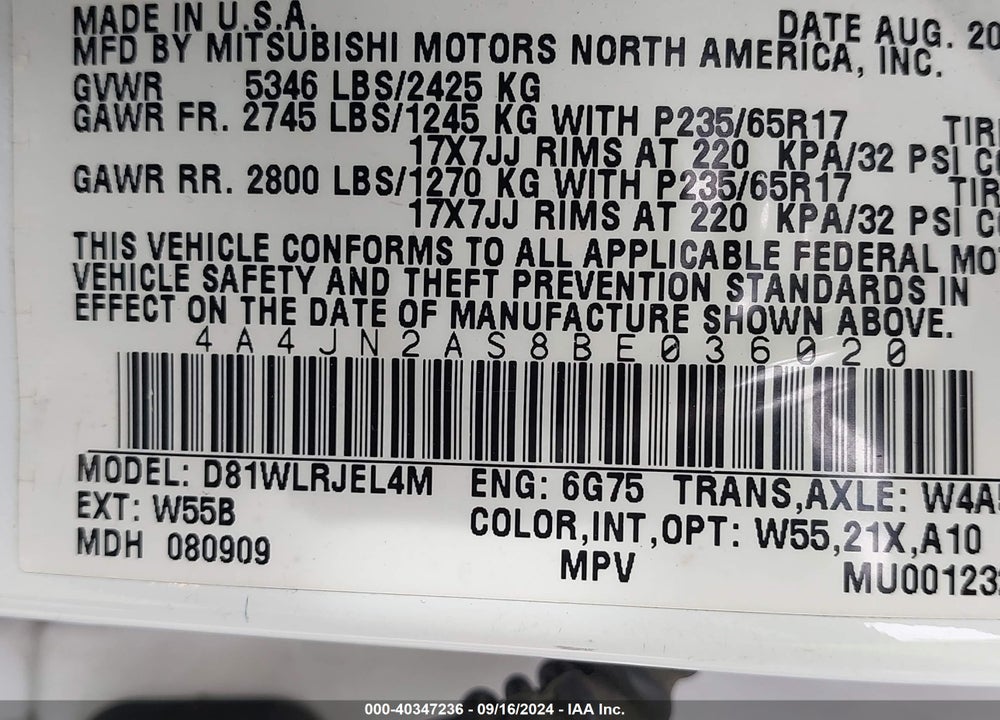 2011 MITSUBISHI ENDEAVOR VIN: 4A4JN2AS8BE036020