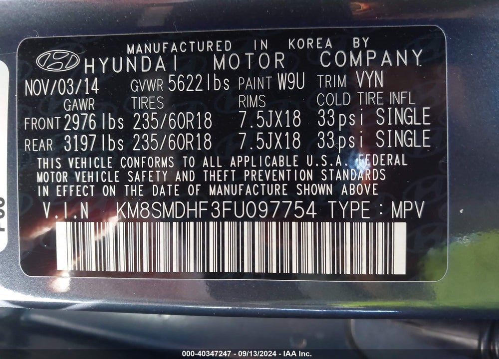 2015 HYUNDAI SANTA FE GLS VIN: KM8SMDHF3FU097754