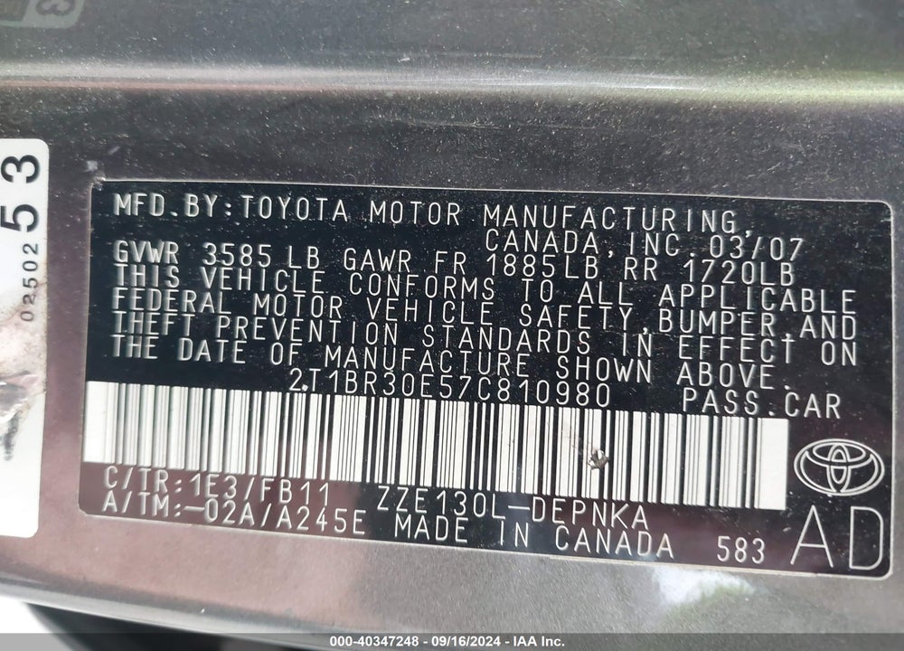 2007 TOYOTA COROLLA LE VIN: 2T1BR30E57C810980