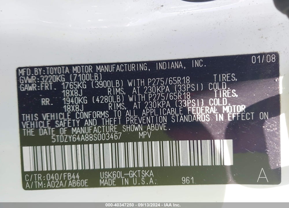 2008 TOYOTA SEQUOIA VIN: 5TDZY64A88S003467
