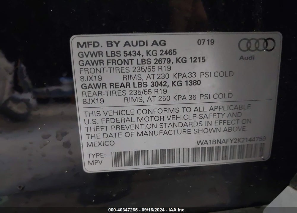 2019 AUDI Q5 45 PREMIUM VIN: WA1BNAFY2K2144759