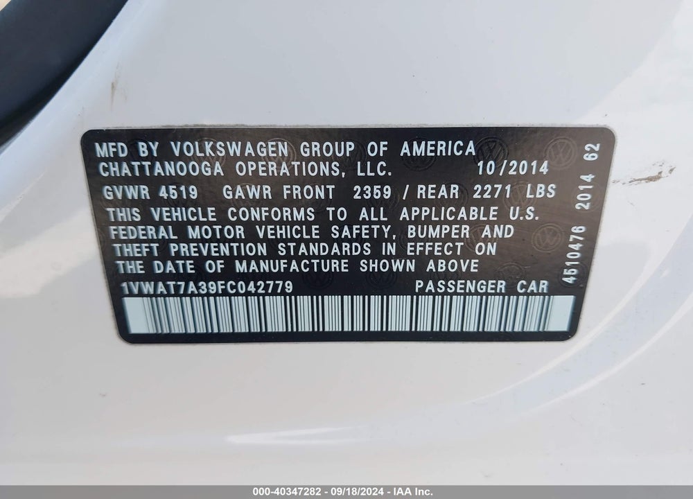 2015 VOLKSWAGEN PASSAT 1.8T WOLFSBURG EDITION VIN: 1VWAT7A39FC042779