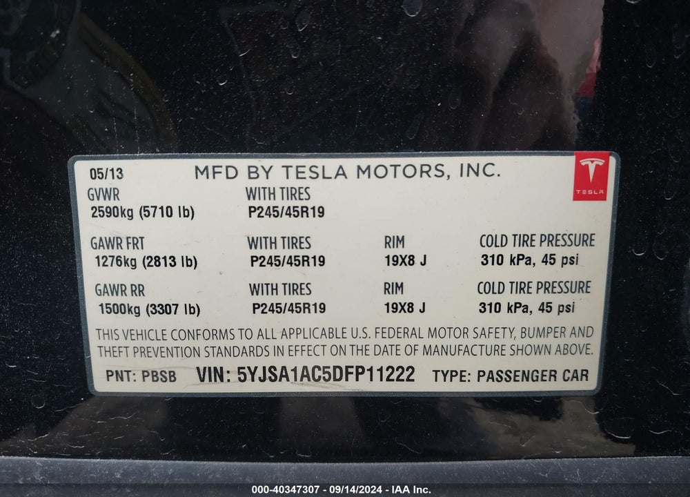 2013 TESLA MODEL S VIN: 5YJSA1AC5DFP11222
