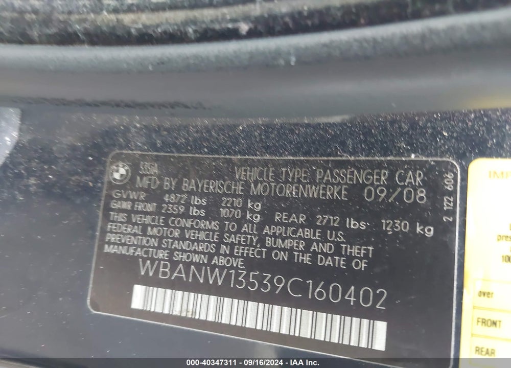 2009 BMW 535I VIN: WBANW13539C160402