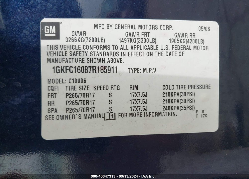 2007 GMC YUKON XL 1500 COMMERCIAL FLEET VIN: 1GKFC16087R185911
