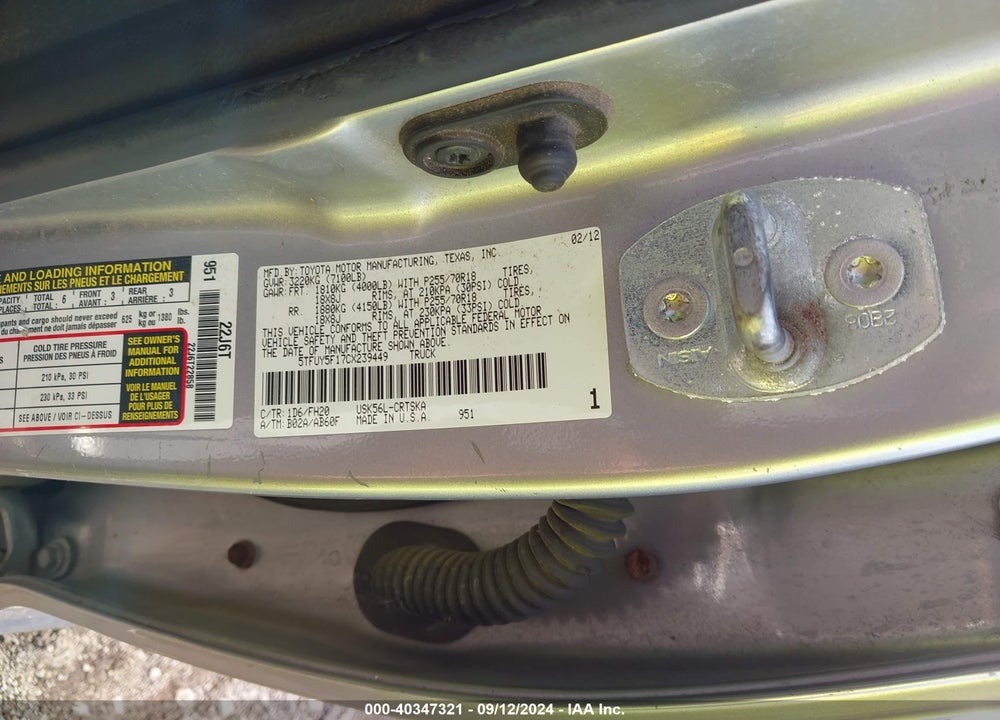 2012 TOYOTA TUNDRA GRADE 5.7L V8 VIN: 5TFUY5F17CX239449