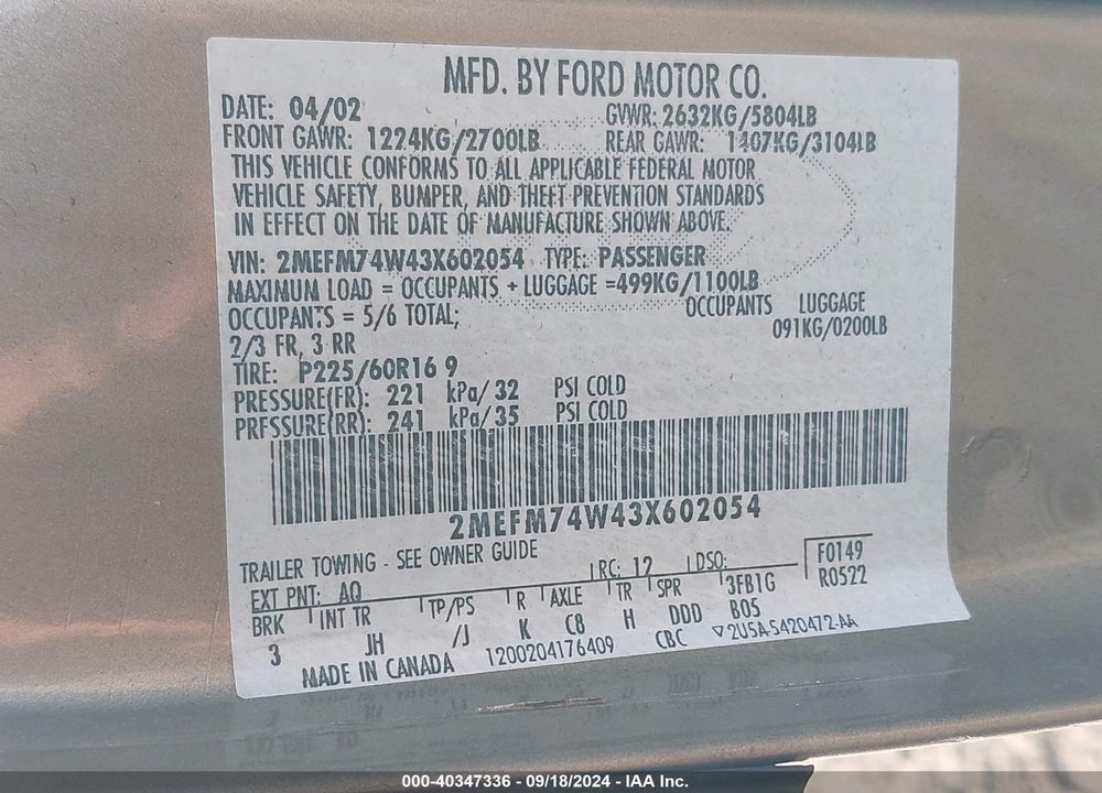 2003 MERCURY GRAND MARQUIS GS VIN: 2MEFM74W43X602054
