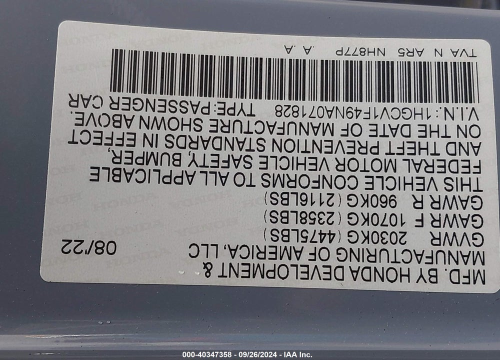 2022 HONDA ACCORD SPORT SPECIAL EDITION VIN: 1HGCV1F49NA071828