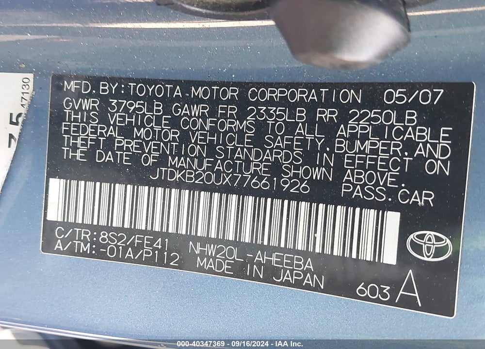 2007 TOYOTA PRIUS VIN: JTDKB20UX77661926