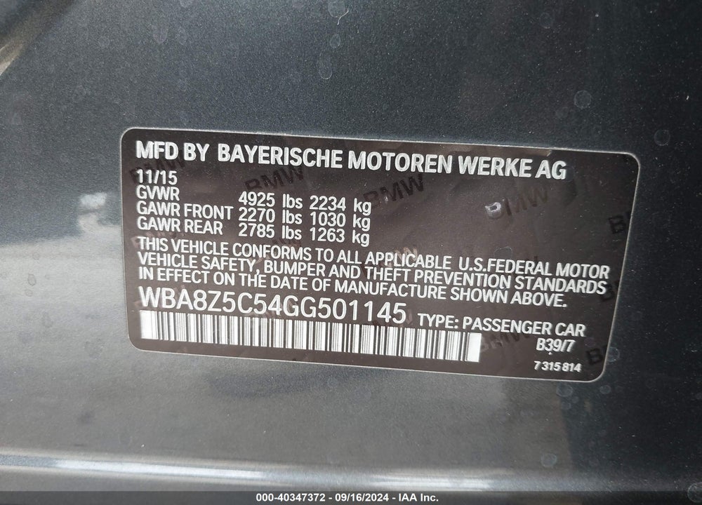 2016 BMW 3 SERIES GRAN TURISMO 328I XDRIVE VIN: WBA8Z5C54GG501145