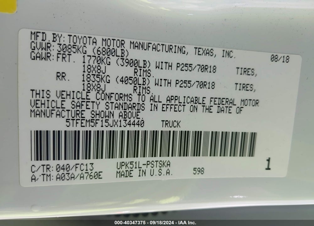 2018 TOYOTA TUNDRA SR5 4.6L V8 VIN: 5TFEM5F15JX134440