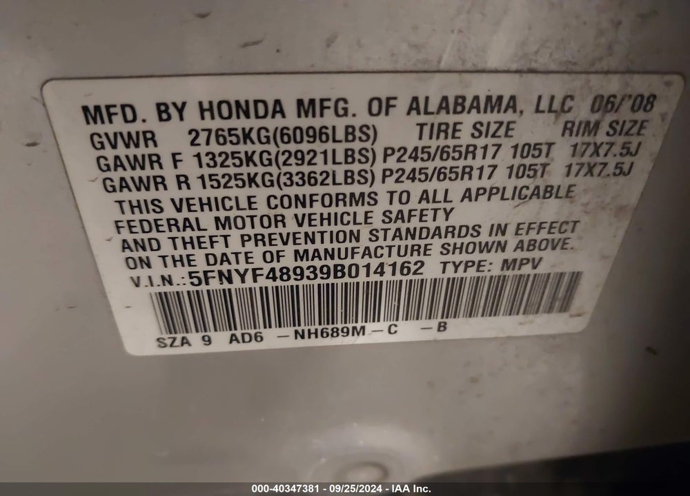 2009 HONDA PILOT TOURING VIN: 5FNYF48939B014162