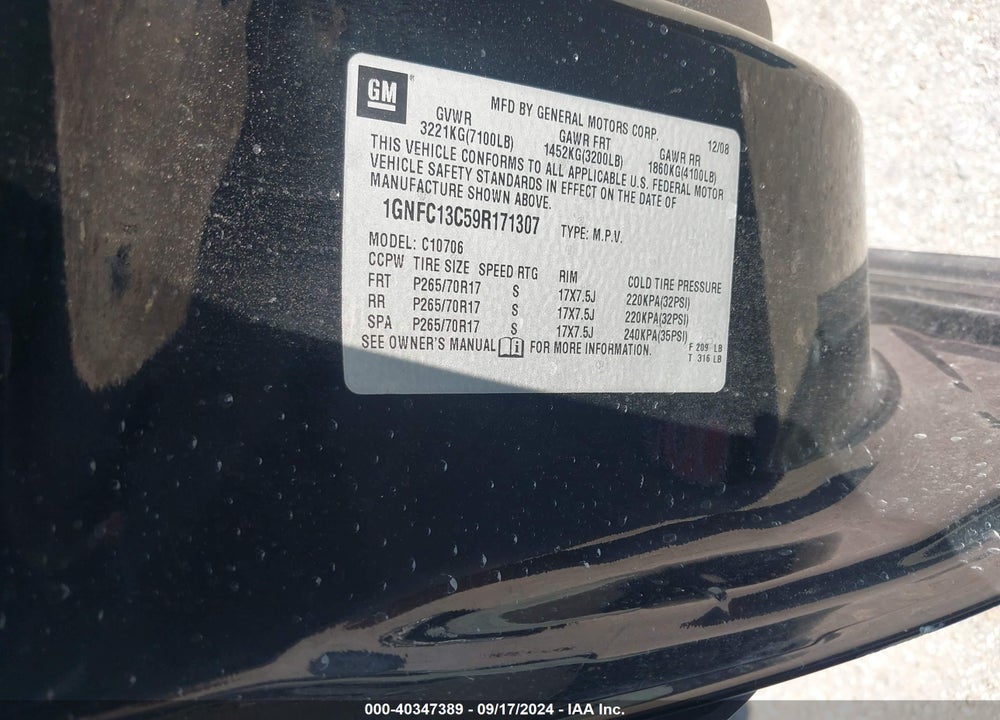 2009 CHEVROLET TAHOE LS VIN: 1GNFC13C59R171307