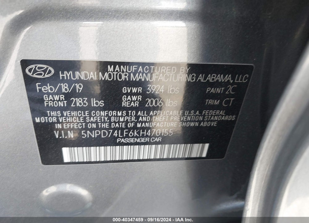 2019 HYUNDAI ELANTRA SE VIN: 5NPD74LF6KH470155