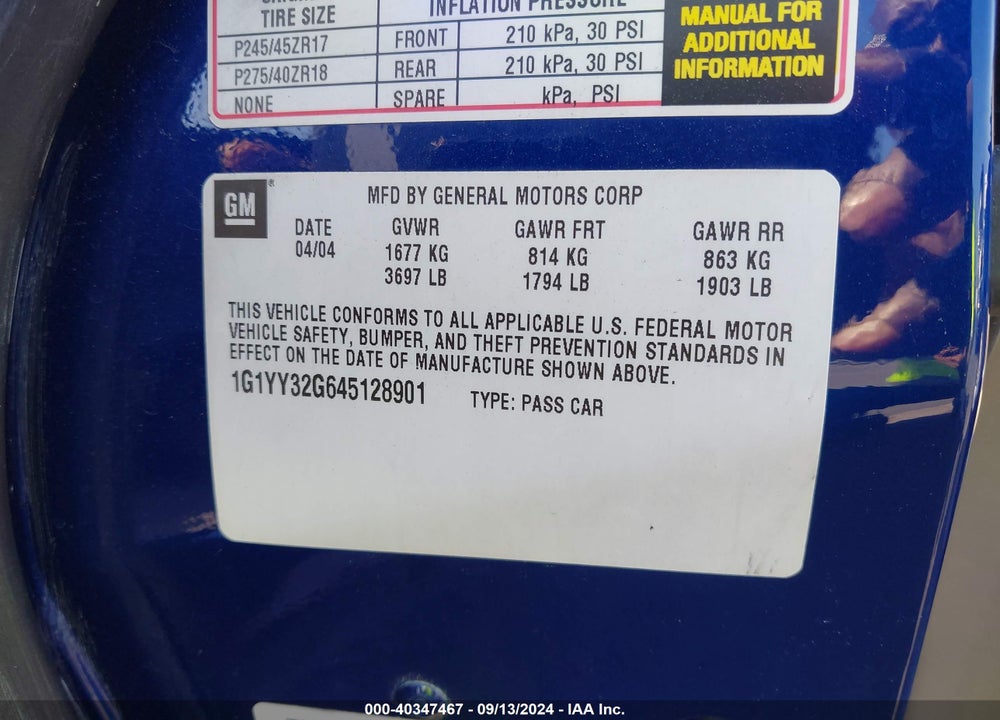 2004 CHEVROLET CORVETTE VIN: 1G1YY32G645128901