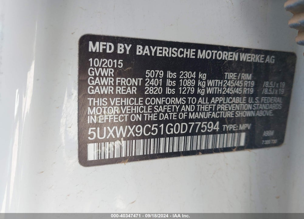 2016 BMW X3 XDRIVE28I VIN: 5UXWX9C51G0D77594