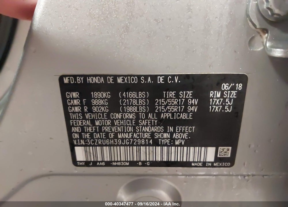 2018 HONDA HR-V LX VIN: 3CZRU6H39JG729814