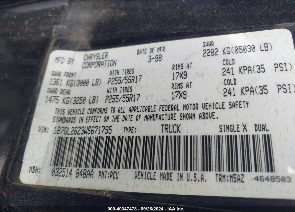 1998 DODGE DAKOTA SPORT VIN: 1B7GL26Z3WS671795