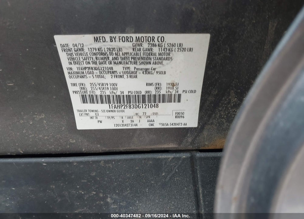 2013 FORD TAURUS LIMITED VIN: 1FAHP2F83DG121048