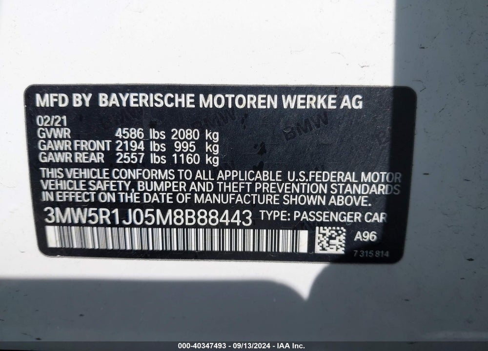2021 BMW 330I VIN: 3MW5R1J05M8B88443