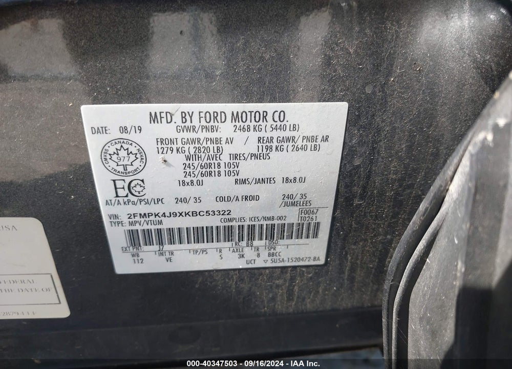 2019 FORD EDGE SEL VIN: 2FMPK4J9XKBC53322