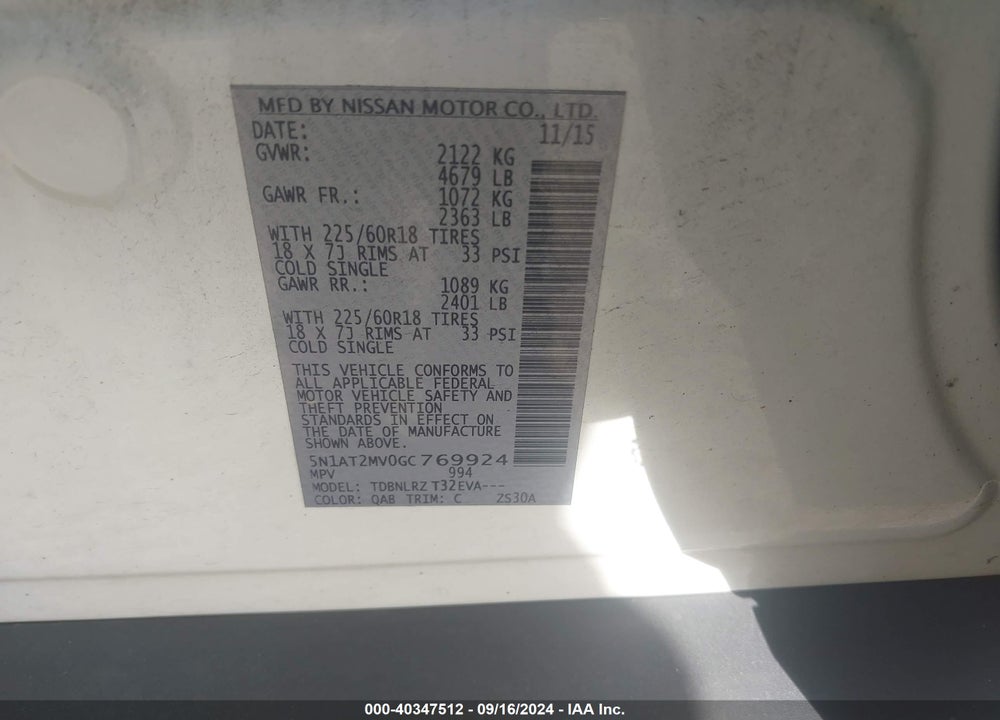 2016 NISSAN ROGUE SL VIN: 5N1AT2MV0GC769924