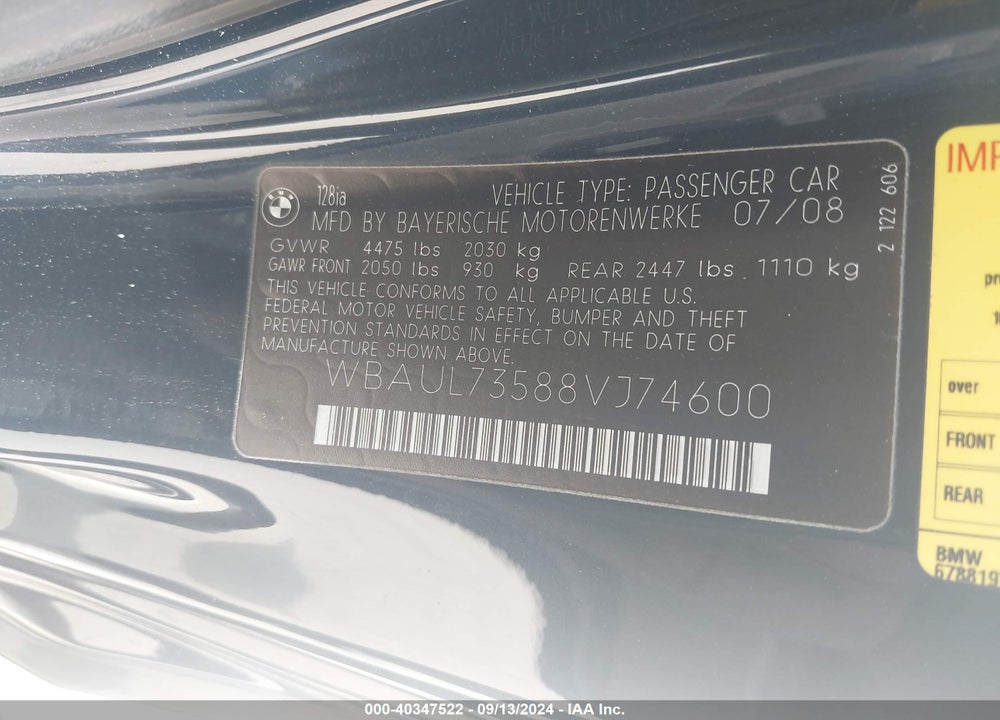 2008 BMW 128I VIN: WBAUL73588VJ74600