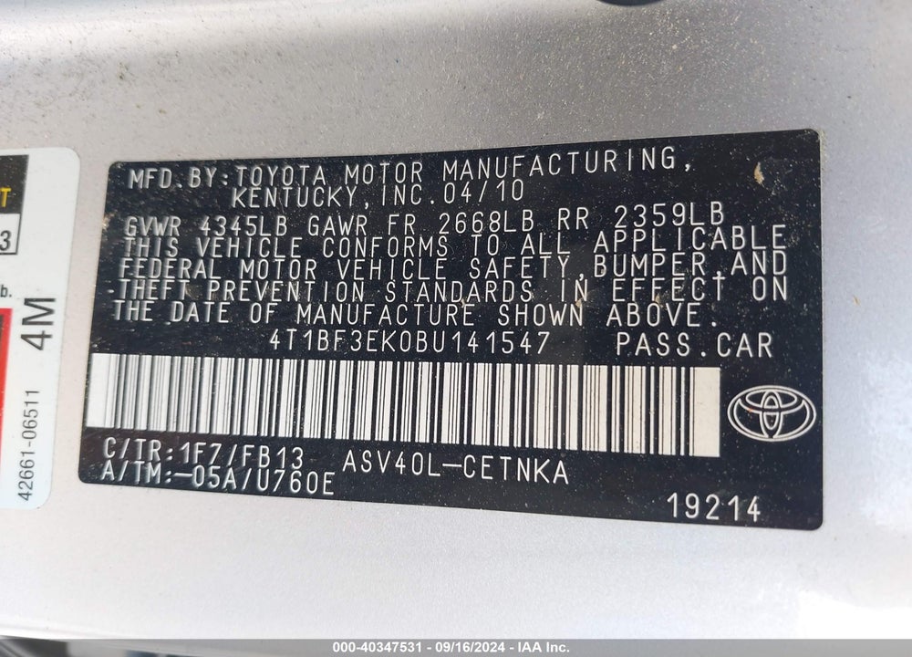 2011 TOYOTA CAMRY LE VIN: 4T1BF3EK0BU141547