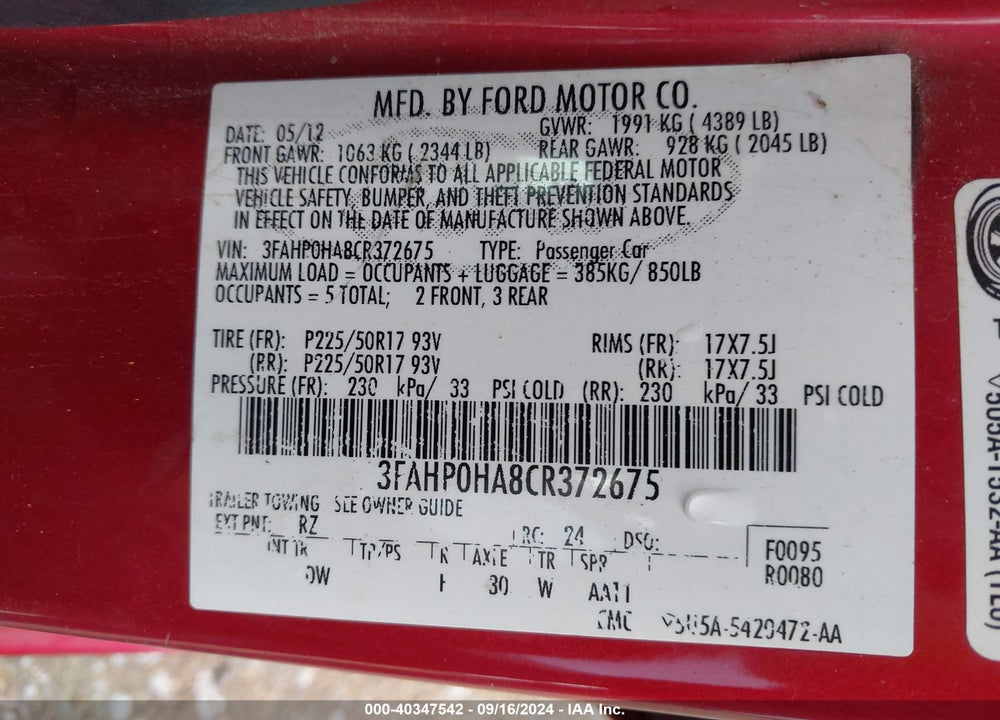 2012 FORD FUSION SE VIN: 3FAHP0HA8CR372675