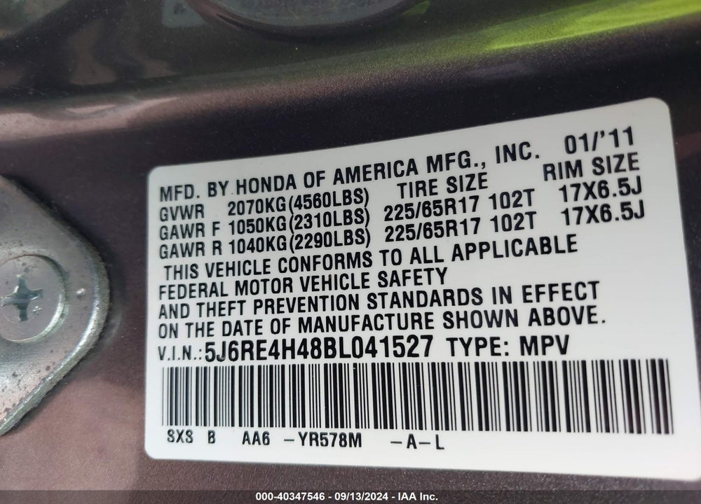 2011 HONDA CR-V SE VIN: 5J6RE4H48BL041527