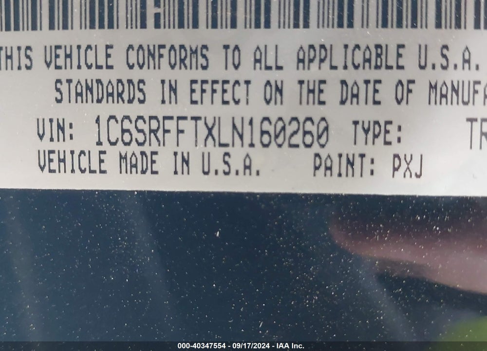 2020 RAM 1500 VIN: 1C6SRFFTXLN160260