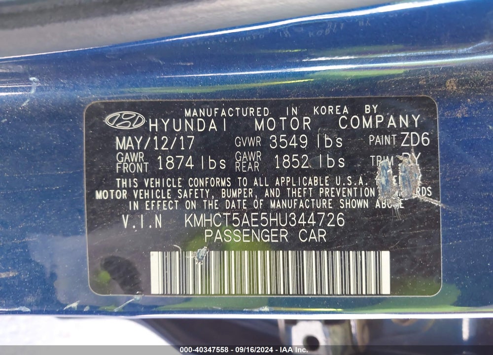 2017 HYUNDAI ACCENT SE VIN: KMHCT5AE5HU344726