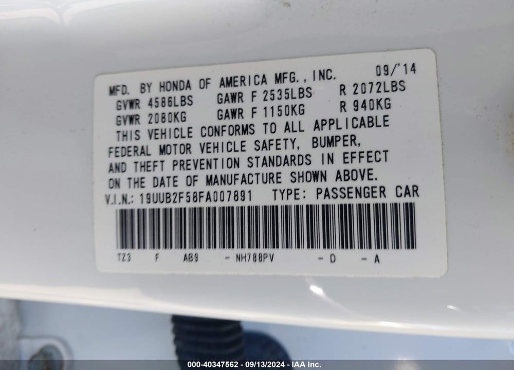 2015 ACURA TLX V6 TECH VIN: 19UUB2F58FA007891