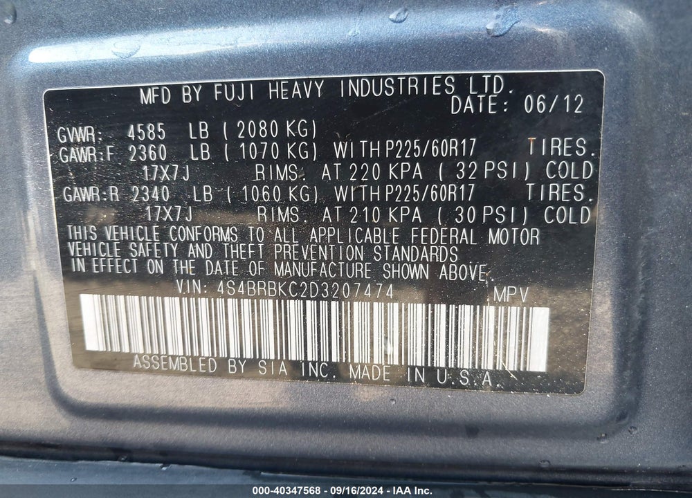 2013 SUBARU OUTBACK 2.5I LIMITED VIN: 4S4BRBKC2D3207474