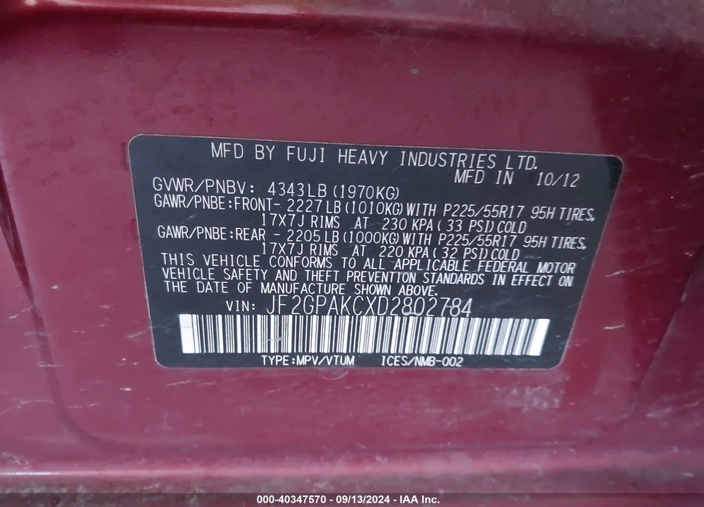 2013 SUBARU XV CROSSTREK 2.0I LIMITED VIN: JF2GPAKCXD2802784