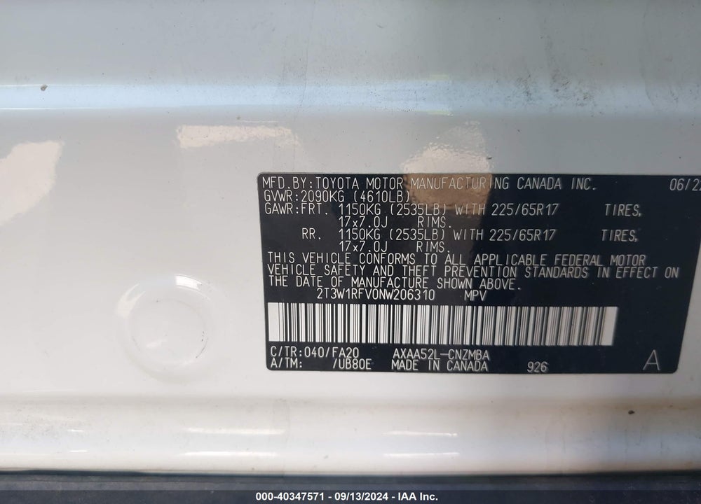 2022 TOYOTA RAV4 VIN: 2T3W1RFV0NW206310