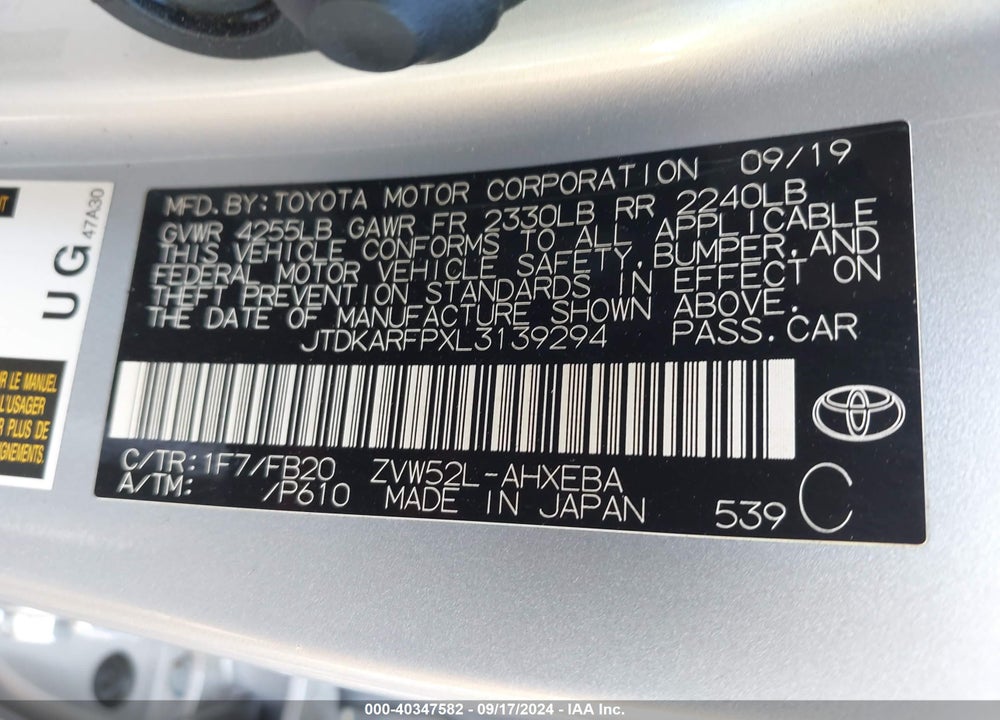 2020 TOYOTA PRIUS PRIME LE VIN: JTDKARFPXL3139294