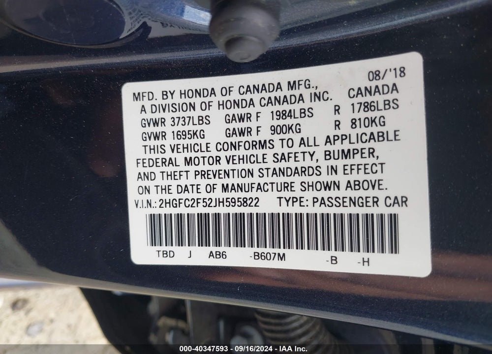 2018 HONDA CIVIC LX VIN: 2HGFC2F52JH595822