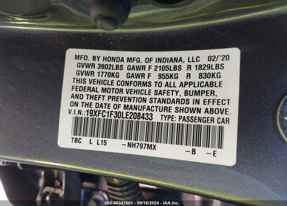 2020 HONDA CIVIC EX VIN: 19XFC1F30LE208433