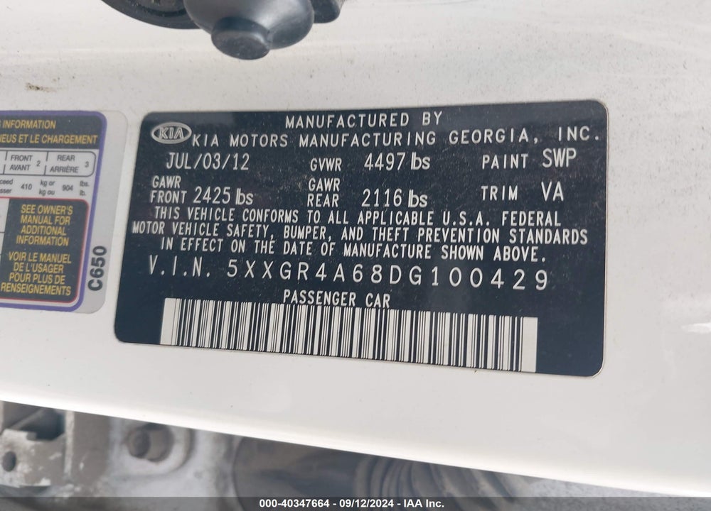 2013 KIA OPTIMA SX VIN: 5XXGR4A68DG100429