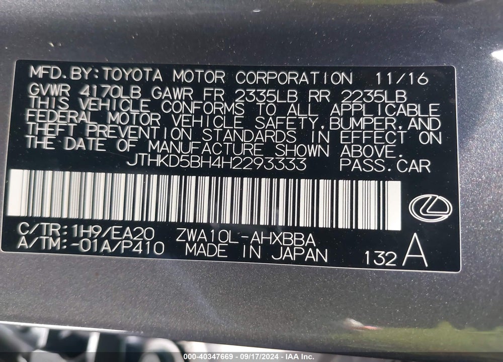 2017 LEXUS CT 200H VIN: JTHKD5BH4H2293333