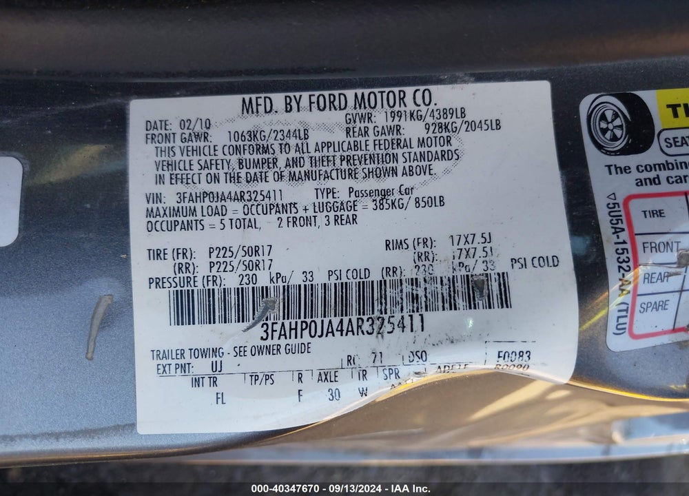 2010 FORD FUSION SEL VIN: 3FAHP0JA4AR325411
