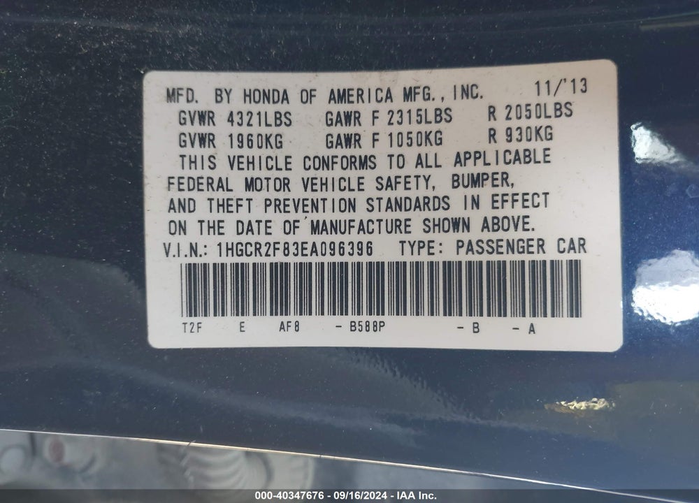 2014 HONDA ACCORD EX-L VIN: 1HGCR2F83EA096396