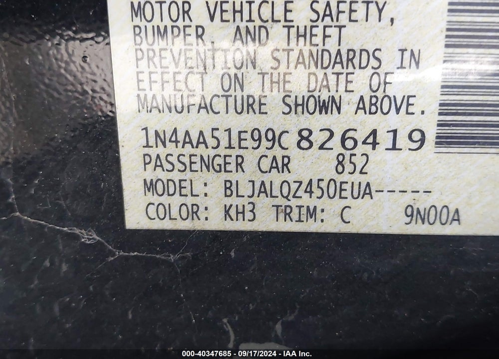 2009 NISSAN MAXIMA 3.5 S/3.5 SV VIN: 1N4AA51E99C826419
